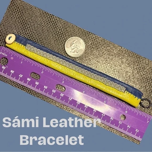 Sámi Leather Bracelet Blue and Yellow with Pewter Embroidered Design